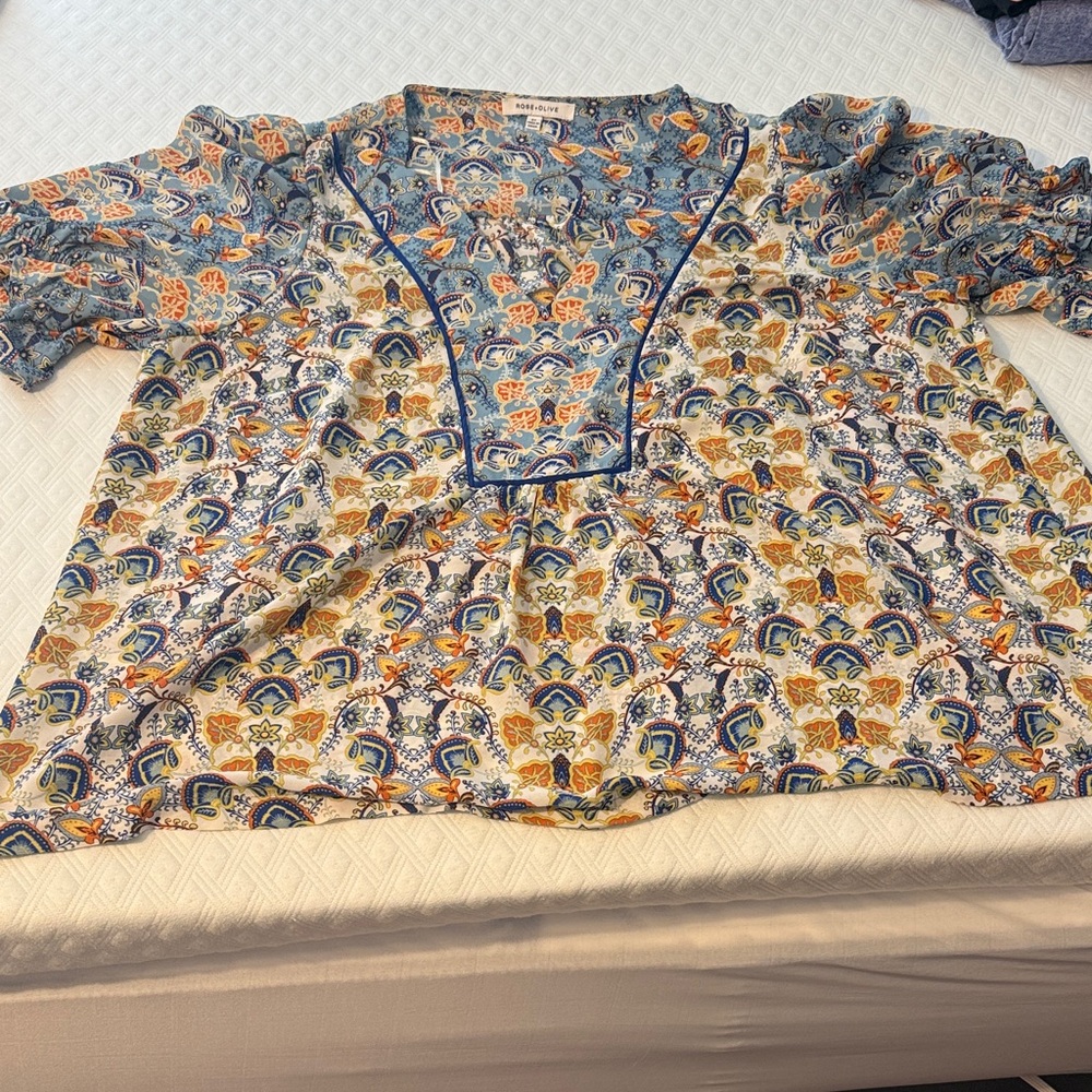 Rose & Olive Blue and Orange Floral Blouse